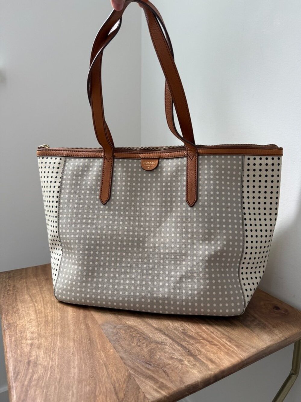FOSSIL Rachel Gray White Polka Dot Coated Canvas Perforated Trim Zipper Tote Bag